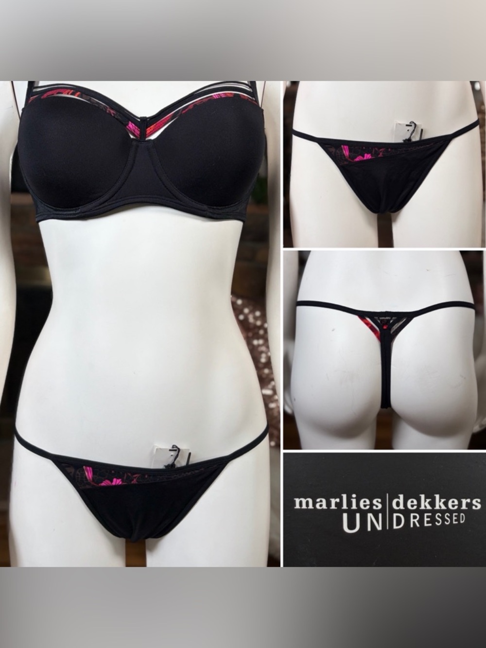 Marlies Dekkars Black & Red Florals G-String Thong Panty Underwear, Szs M & L